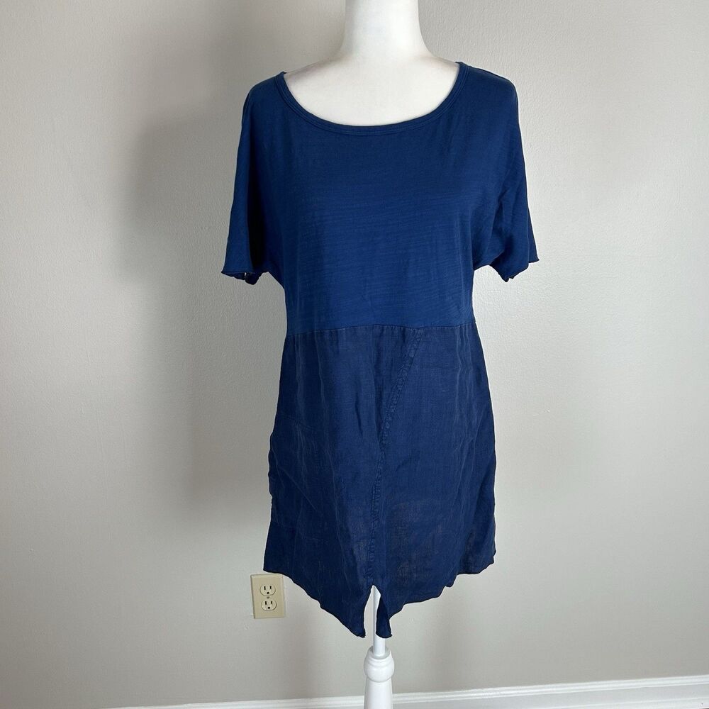 Fenini Small Oversized Mixed Media Linen Dress Blue Mini Short Lagenlook Beachy